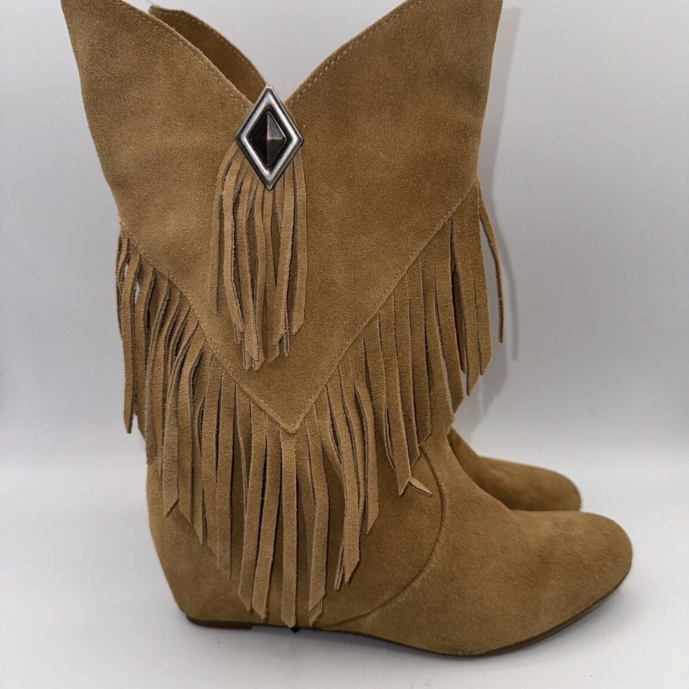 OBSESSION RULES HOPEY Suede Tan Moccasin Fringe Boho‎ Hidden Wedge Boots 7.5 M